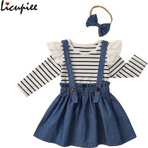 1-6 Years Autumn Baby Girls Clothes Long Sleeve Striped T-shirt Tops Blue Suspenders Skirt with Headband 3pcs Outfits