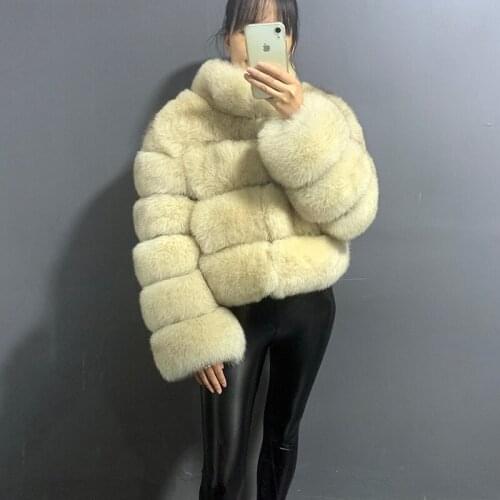 Rf20142 Womens Winter High Quality Real Fox Fur Coat Big Striped Stand Collar Natural Fur Jacket Long Sleeve