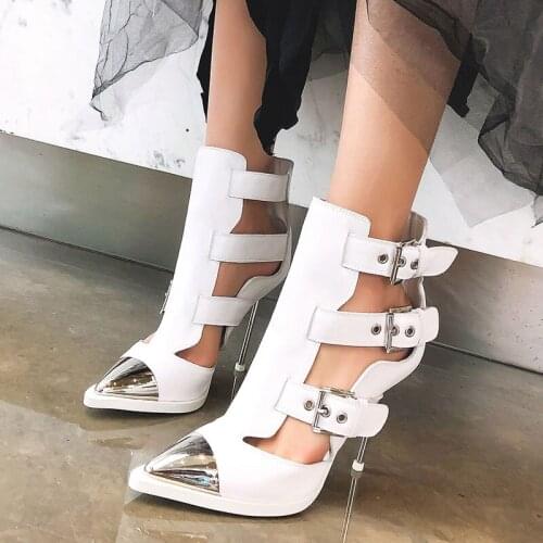 2021 Summer Women Shoes Pumps Catwalk Style Parisian Fashion Sexy Female High Heels Sandals Metal Belt Buckle White Ankle Boots