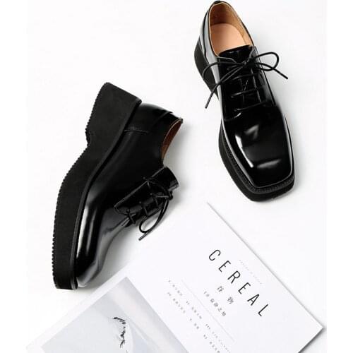 MORDOAN Platform Shoes Women Patent Leather Calfskin Genuine Leather Lace-Up Square Toe Brogue Flat Shoes Ladies Wedge Shoes
