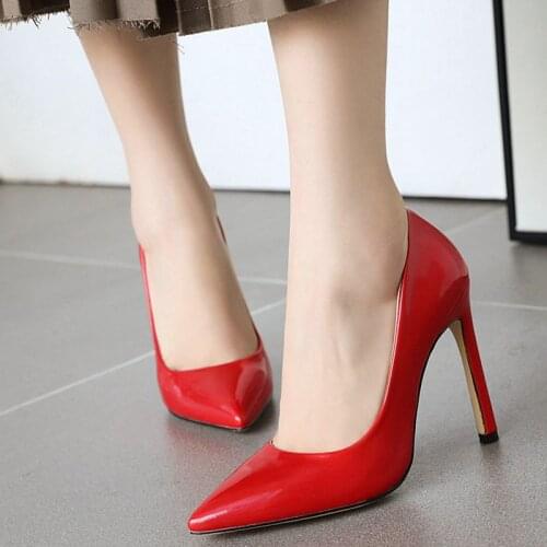 COOLULU 2020 Women Patent Leather Pumps Slip on Pointed Toe Pumps Women Shoes Super Thin High Heel Ladies Pumps Plush Size 34-48