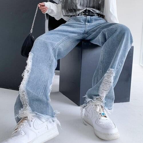 Ripped jeans women spring/summer 2021 street high waist slim loose pants ripped jeans for women Full Length HIGH HOLE