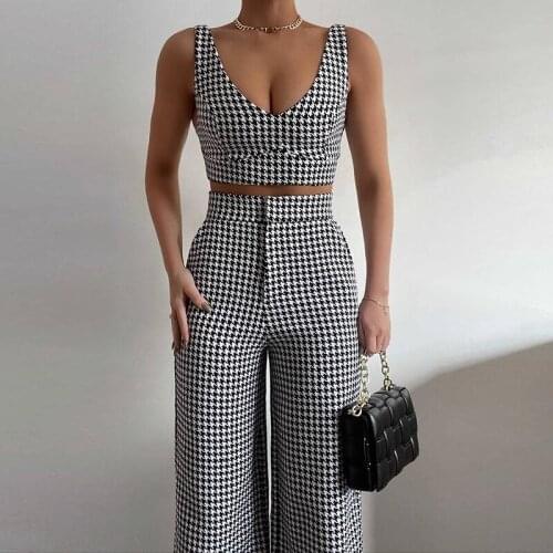 Sexy Crop Top Wide Leg Pants Suits For Women Autumn Vintage Plaid Print Lady Outfits Elegant Sleeveless Streetwear Femme 2Pc Set