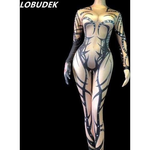 Female Pole Dancing Costume Sexy Bar Dancer DJ DS Show Stage Wear 3D Printing Stretch Skinny Jumpsuit Spandex Leotard Bodysuits