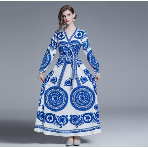 Runway Designer Blue And White Porcelain Print Dress 2020 Autumn Women Long Sleeve Cross V Neck Bow Belt Swing Long Maxi Dress
