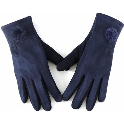 Winter Female Cashmere Suede Leather Hairball Mitten Women Thick Plus Plush Windproof Warm Wrist Touch Screen Driving Gloves B75