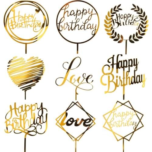 Golden Glitter Acrylic Happy Birthday Cake Topper Cupcake Toppers Cake Top Flags Birthday Party Wedding Decoration Supplies