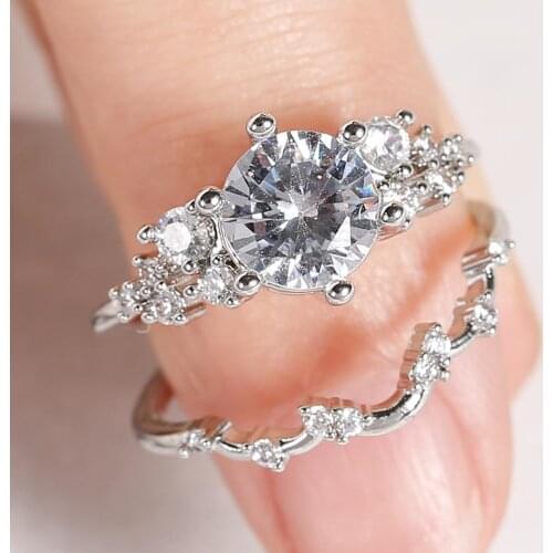 2 PCS/Set Hot Sale White Zircon Copper Crystal Ring Set For Women Engagement Party Wedding Jewelry Hand Accessories Size 5-11