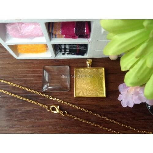 30 Sets, 25mm Photo Pendant DIY Kits, Square, Cabochon Setting Metal Trays, Glass Cabochons, Metal Necklace Chains