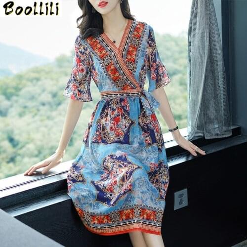 Boollili 2020 Retro Summer 100% Silk Boho Dress for Women Floral Vintage Dress Elegant Beach Long Dresses Korean Vestido Mujer
