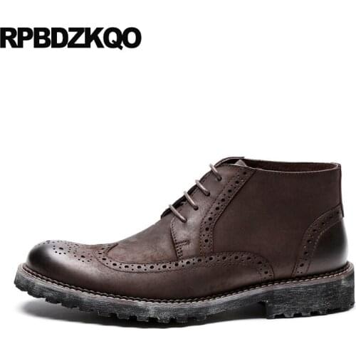 Autumn oxford wingtip faux fur men winter lace up business booties brown shoes wedding brogue full grain leather boots short