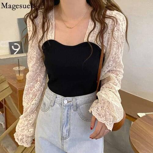 Square Collar Embroidered Elegant Blouse Women Patchwork Knitted Lace Sweet Woman Top Crochet Flower Vintage Shirt Blusas 17011