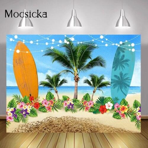Sea Beach Summer Party Backdrop Tropical Flowers Surfboard Seaside Aloha Portrait Photography Background Plam Tree Blue Sky
