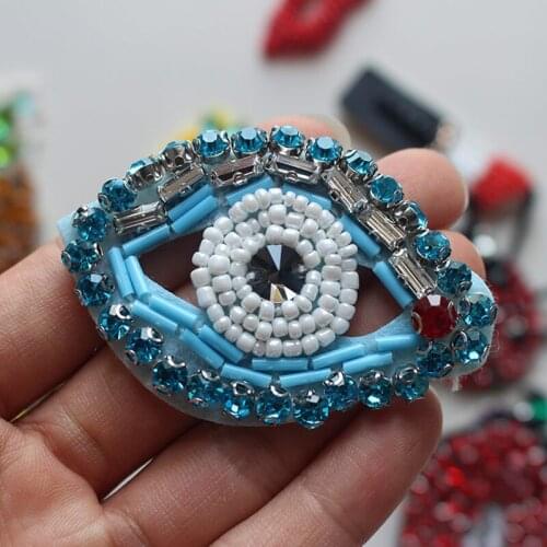 1Pcs Blue Eye Beaded Patch for Clothing Sewing on Patch Rhinestone Beading Applique Clothes Badge DIY Apparel Sewing Accessories