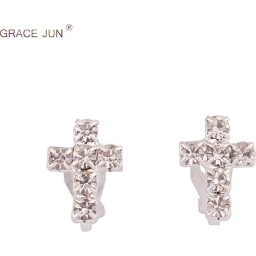 GRACE JUN New Full Rhinestone Clip on Earrings Without Pierced Fashion Student Cuff Earrings Needn't Ear Hole Costume Jewelry