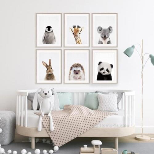 Canvas Print Picture Woodland Baby Animals Bunny Koala Giraffe Portrait For Nursery Children Room Decor Wall Art Poster
