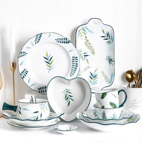 Ceramic Tableware Nordic Green Plants Round Lace Bowl Plate Spoon Dish Cup Bone China Dinnerware Household Kitchen Supplies