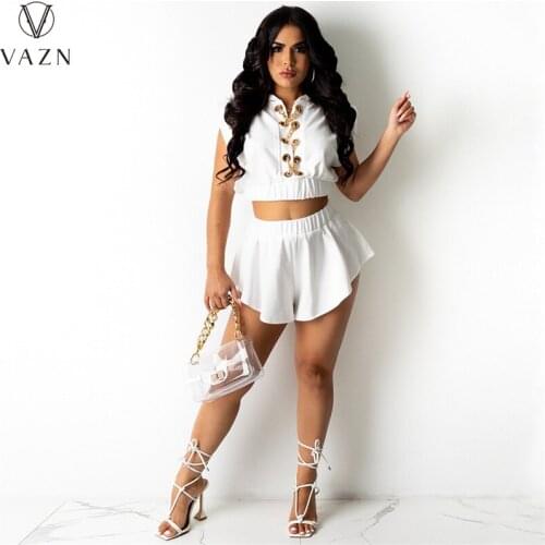 VAZN Top Quality White Daily Young Birthday Outfits Geometric Short Sleeve Short PantsElements Print Two Piece Set Colorful Sexy