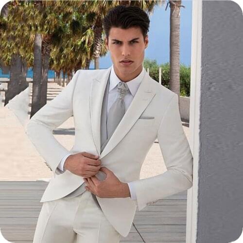 Beige Mens Classic Suits for Wedding Grey Vest Peaked Lapel Tailored Terno Masculino Slim Fit Groom Tuxedo 3Piece Costume Homme