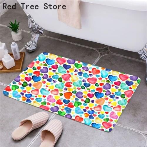 Colorful Heart Cartoon Printed Welcome Doormat for Entrance Door Floor Carpet Anti-slip Fabric Rubber Flannel Foot Pad 40*60cm