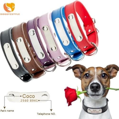 Pets Dog Cat Anti-lost Leather ID Collars Engraving Text on Stainless Steel Pet Name Tags Free Customized Address Board NEW