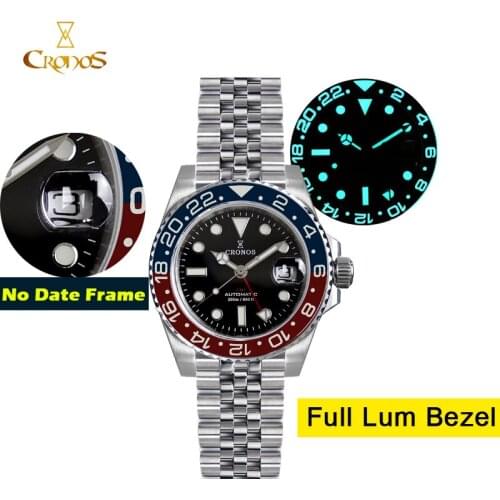 Cronos GMT Automatic Men Watch Bidirectional Bezel Sapphire 20ATM Solid 5 links Metal Bracelet BGW-9 Lum Self Winding Mens Watch