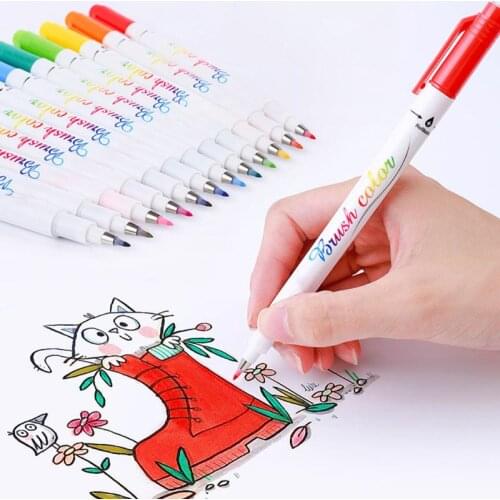 New 12 Fluorescent Colors Calligraphy Marker Brush Pens Small Regular Script Drawing