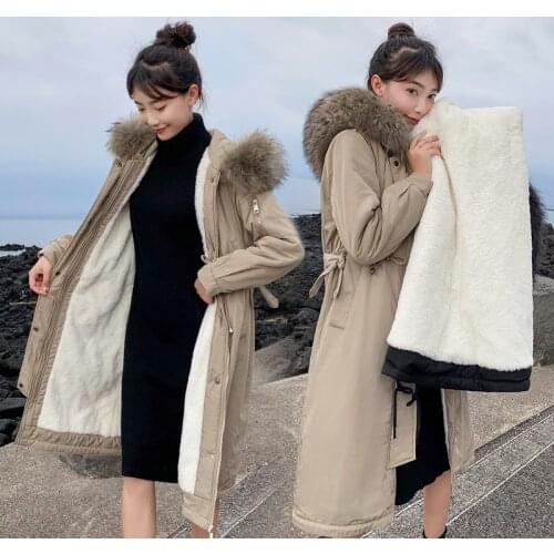 Novo casaco de inverno feminino han edição longa sobre o joelho solto mostrar cintura fina parker casaco de pele