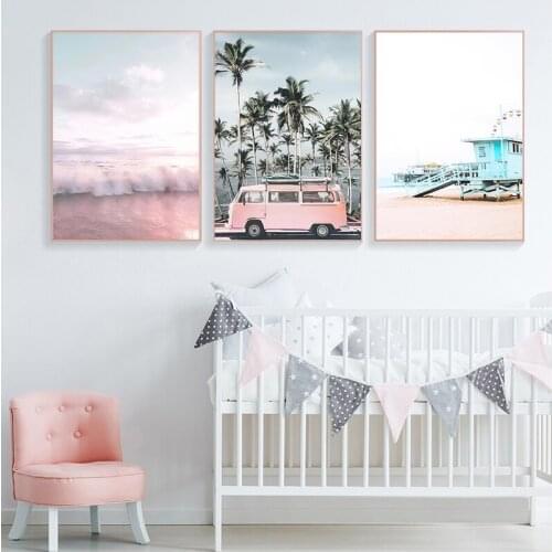 Ocean Landscape Canvas Poster Nordic Style Beach Pink Bus Wall Art Print Painting Decoration Picture Scandinavian Home Decor