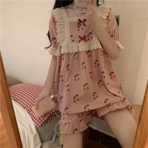 Pink Cute Print 2PCS Pajama Sets Ladies Lace Trim Lovely Nightgown Summer New Sleeve Shorts Shorts Nightwear Loose Sleepwear