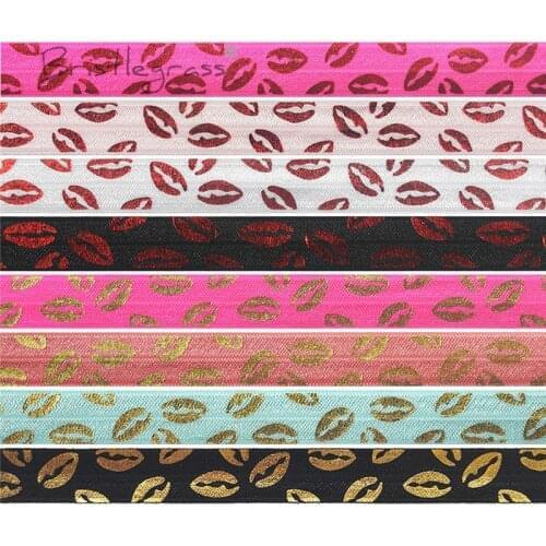 BRISTLEGRASS 5 Yard 5/8" 15mm Lip Red Gold Foil Print FOE Fold Over Elastic Spandex Band Hair Tie Headband Tutu Dress DIY Sewing