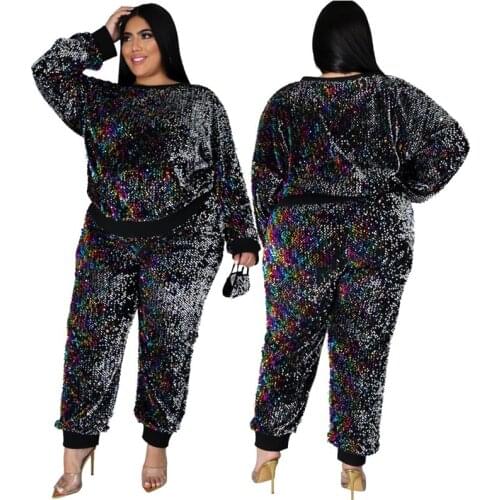 Plus Size Women Party Sequin Matching Sets Pant Suits Bulk Items Clothing Two Piece Set Long Sleeve Pullover Tops Wholesale