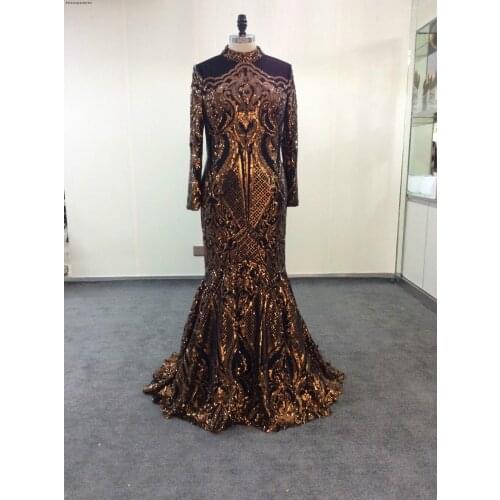 Real Photos Mermaid High Neck Prom Dresses 2019 Luxury Long Sleeves Graduation Wear Evening Party Gowns Plus Size Custom Made