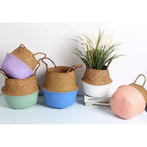 Handmade Seagrass Folding Storage Basket Decorative Rattan Plant Flower Pot Woven Wicker Belly Laundry Basket Home Decoration