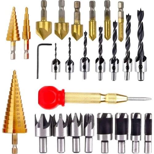 25-Pack Wood Plug Cutte Pointed Countersink Drill Bit Metric Step Drill Center Punch Chamfer Drilling Tool Combination Drill Bit