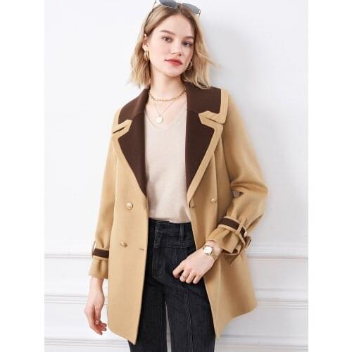 Womens Clothing 2021 Winter New Color Matching Lapel Lace Medium Length Woolen Overcoat