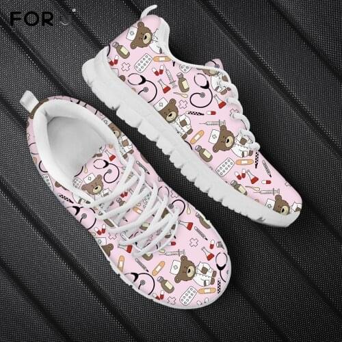 FORUDESIGNS Cute Cartoon Nurse Bear Pink Woman Flats Shoes Custom Your Own Logo Nursing Shoes for Women Casual Ladies Sneakers