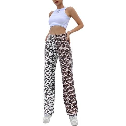 Women Polyester Straight-leg Pants with Pockets Brown Heart and Plaid Printed Pattern High Waist Trousers S/ M/ L