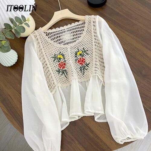 ITOOLIN Preppy Style Floral Knitted Top Women Embroidery Puffle Sleeve Chifon Blouses Female Ruffle Slimming Jacquard Shirts