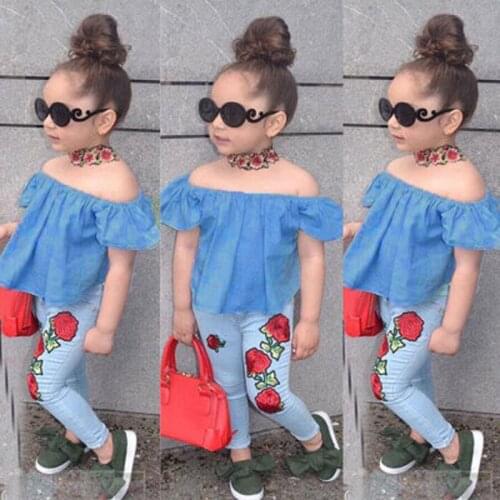 2020 Autumn And Summer Girls Fashion Tops Jeans Suit One-neck Blouse Rose Flower Suit Kids Clothes Suit