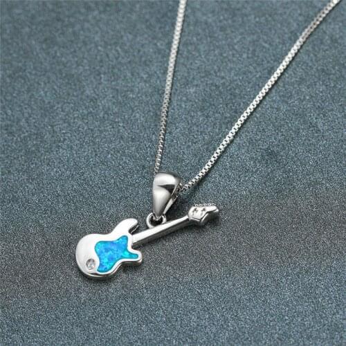 Female Cute Blue Opal Engagement Necklace Creative Music Guitar Pendant Necklace Classic Silver Color Chain Necklaces For Women