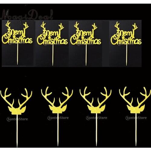 40/set Glitter Gold Merry Christmas & Elk Antlers Cake Topper Picks Xmas Decor