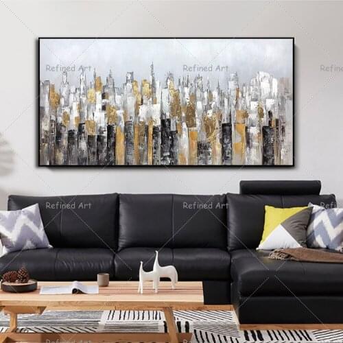 Large Oil Painting Hand Painted Wall Art Modern Gold leaf Abstract city architecture Living Room Home Decoration Canvas Frescoes