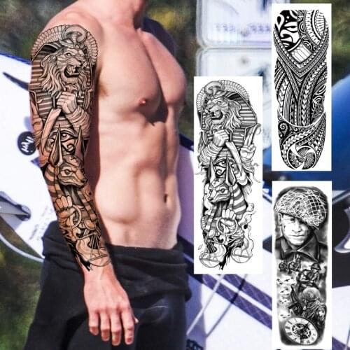 Indian Sphinx God Totem Lion Temporary Tattoo Sleeve For Men Women Maori Tribal Military Fake Tattoos Sticker Full Arm Tatoo