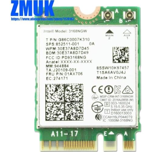 Int Dual Band Wireless-AC 3168 802.11ac Wi-Fi + BT 4.0 Card For HP K12 PB450G5 PB640G4 ProBook 440 450 Series,SPS 852511-001