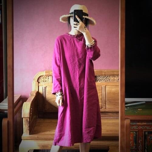 Johnature 2021 New Spring Fashion Retro Cotton Linen Rose Red Button Dresses Comfortable Long Sleeve Women Dress