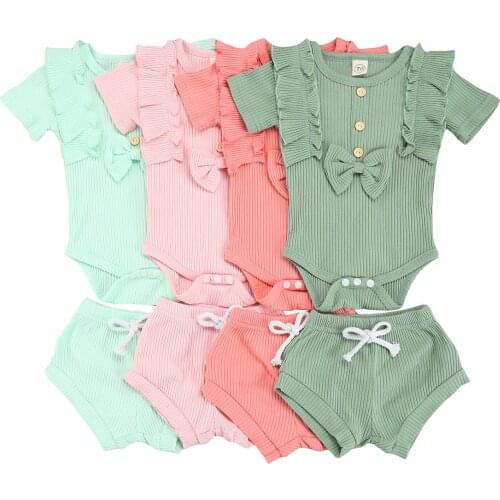 Summer Little Girls Solid Color Clothes Set, Girls Short Sleeve O-neck Romper with Ruffles + Drawstring Short Pants