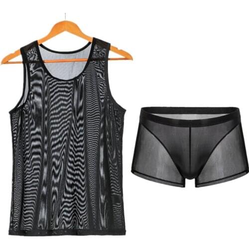 Mens Undershirts Sets Mesh Breathable Underwear Sexy Transparent Sleeveless Tank Top Boxer Shorts Elastic Sleepwear vest T-shirt
