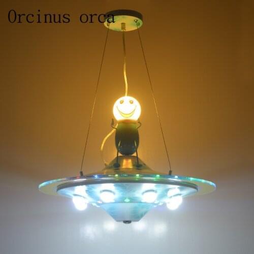 Cartoon blue LED UFO chandelier childrens room boy bedroom study room Mediterranean simple iron Chandelier free shipping