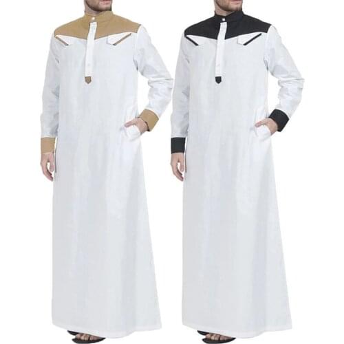 Muslim Arabic Men Clothing Loose Stand Collar Patchwork Long Sleeves Abaya Robe Middle East Islamic Dubai Jubba Thobe Pockets